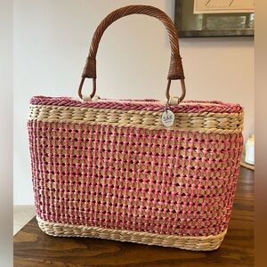 NWOT | The Sak | Pink and Tan Woven Tote w/ Rattan Wicker Handles